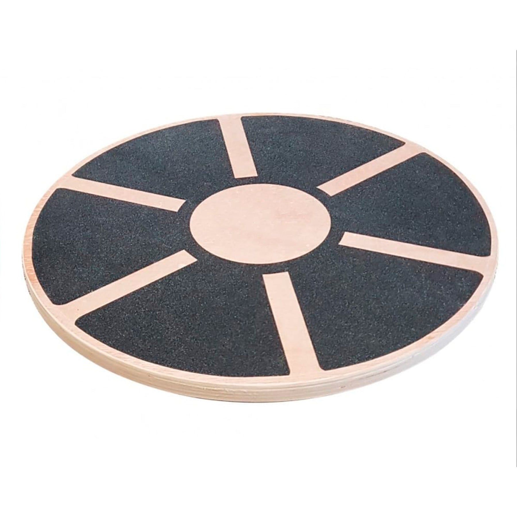 Rundes Balanceboard aus Holz mit schwarzer, rutschfester Oberfläche und hellen Holzstreifen. Zentrales, helles Holzfeld.