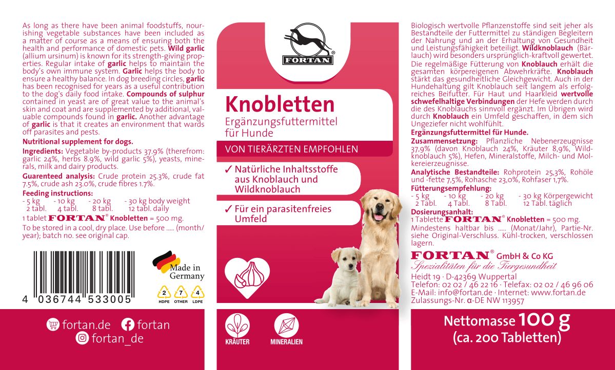 Etikett mit Produktinformationen. Aufschrift: FORTAN Knobletten. Abbildung von Hunden. Inhaltsstoffe und Fütterungshinweise.