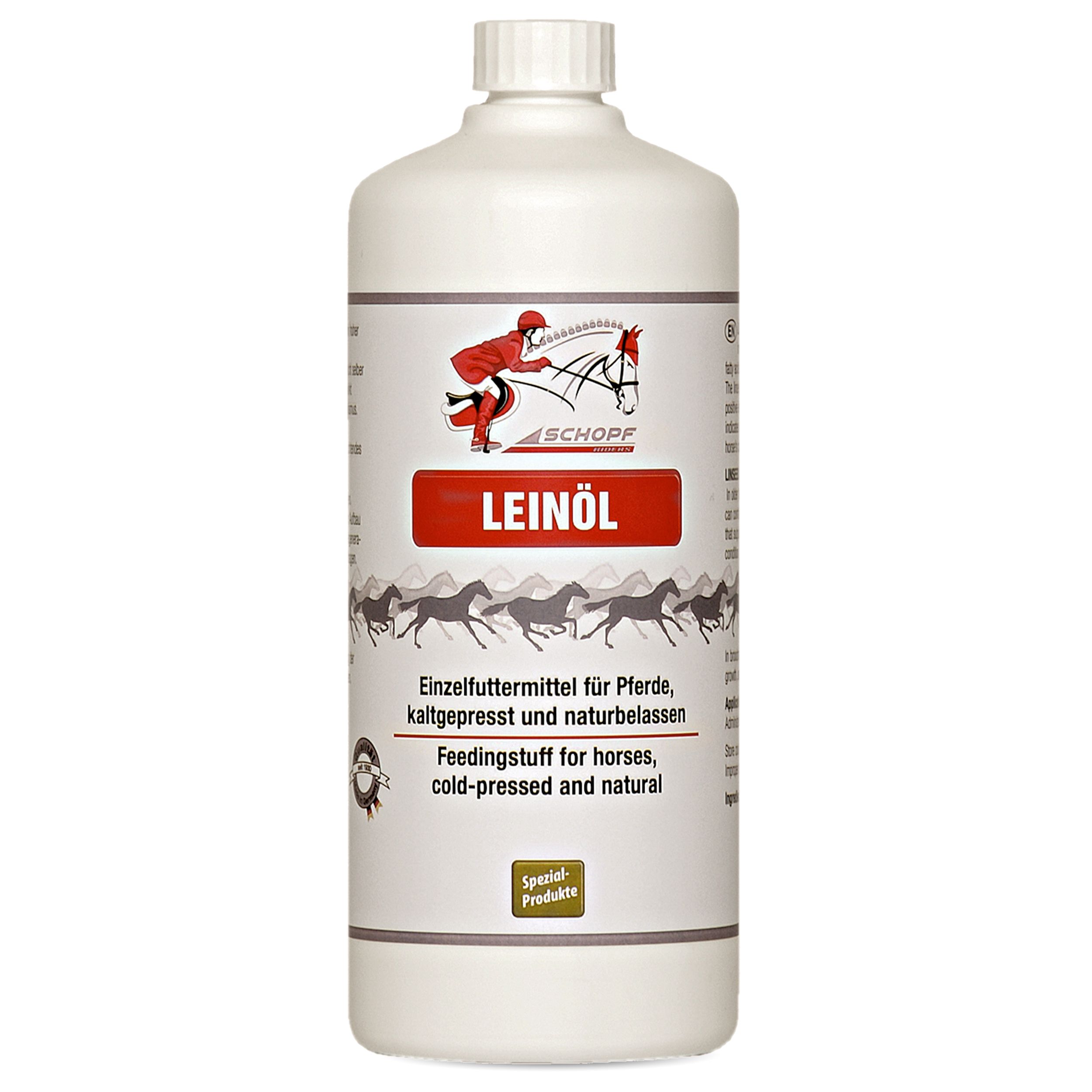 Flasche mit Leinöl. Weißes Etikett mit rotem Schriftzug LEINÖL. Abbildung eines Reiters auf Pferd.