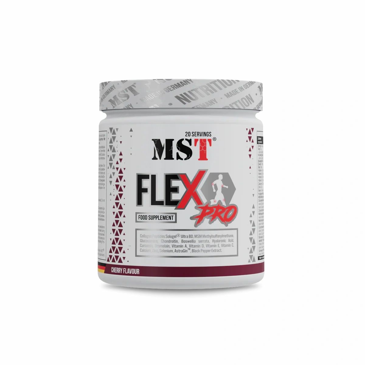 Weißes Supplement-Behälter mit roter und schwarzer Schrift. "MST Flex Pro" und "Cherry Flavour" sind sichtbar. 20 Portionen.