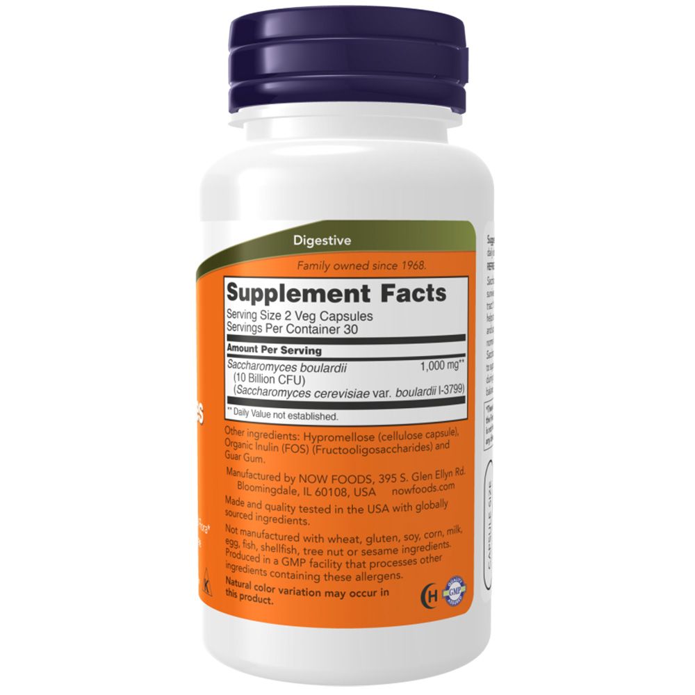 Rückseite der Flasche. Aufschrift: Supplement Facts. Enthält Saccharomyces Boulardii. Hersteller: NOW FOODS. Inhaltsstoffe und Nährwertangaben.