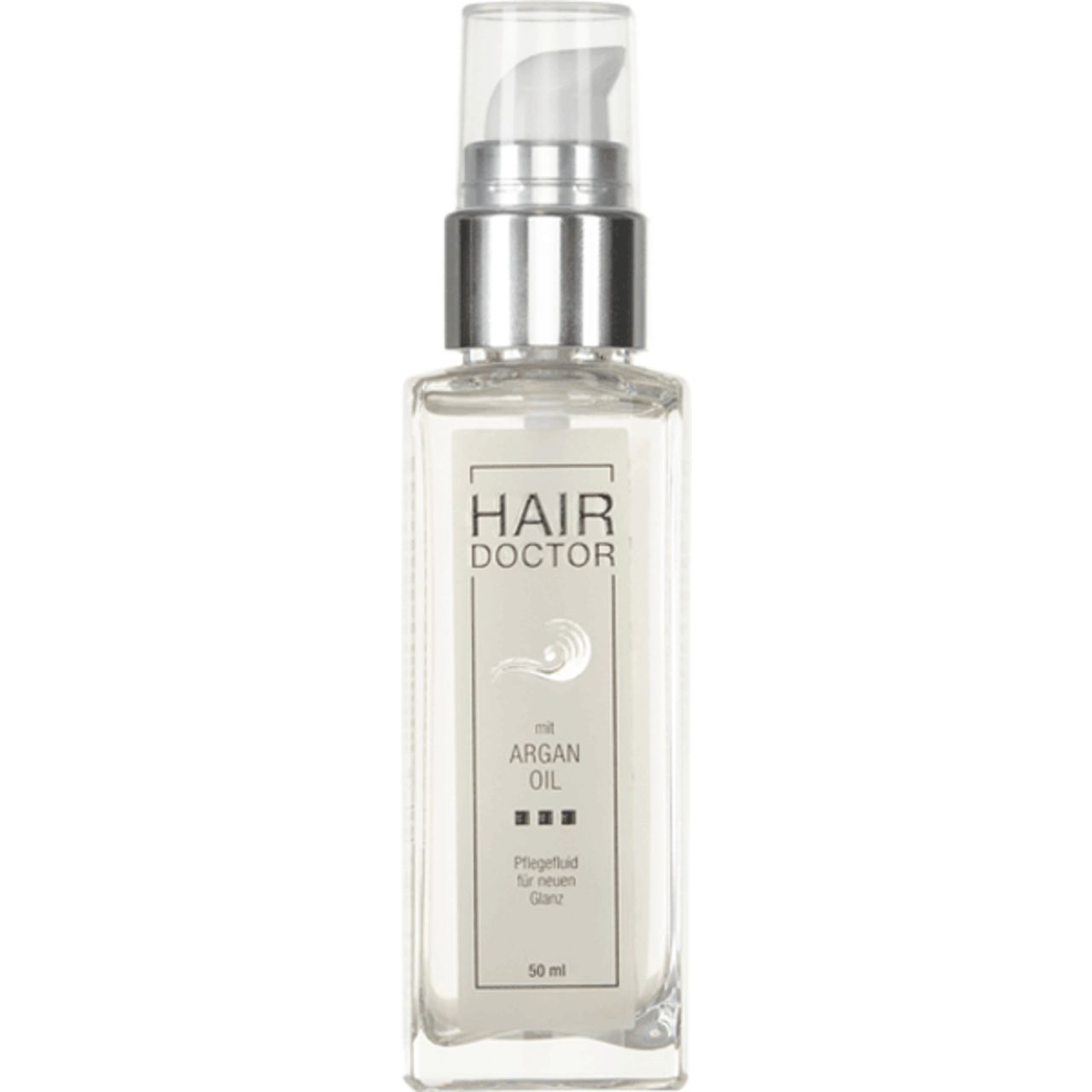 Hair Doctor Argan Oil Flasche mit Sprühkopf. Klarer Behälter mit silbernem Verschluss. Text: Argan Oil, Pflegefluid für neuen Glanz.