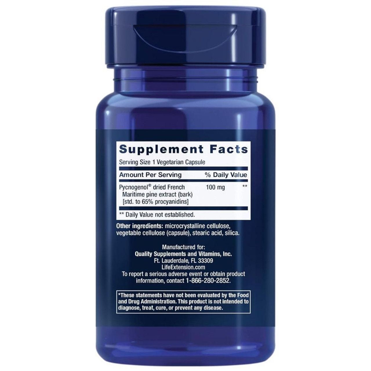 Rückseite der Life Extension Pycnogenol Flasche mit Nährwertangaben und Inhaltsstoffen.