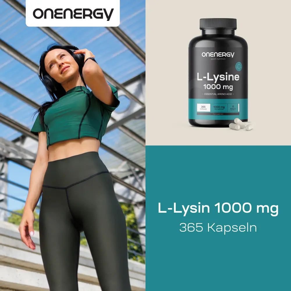 Frau mit Kopfhörern. Daneben eine Flasche OnEnergy L-Lysin 1000 mg. Text: 365 Kapseln.