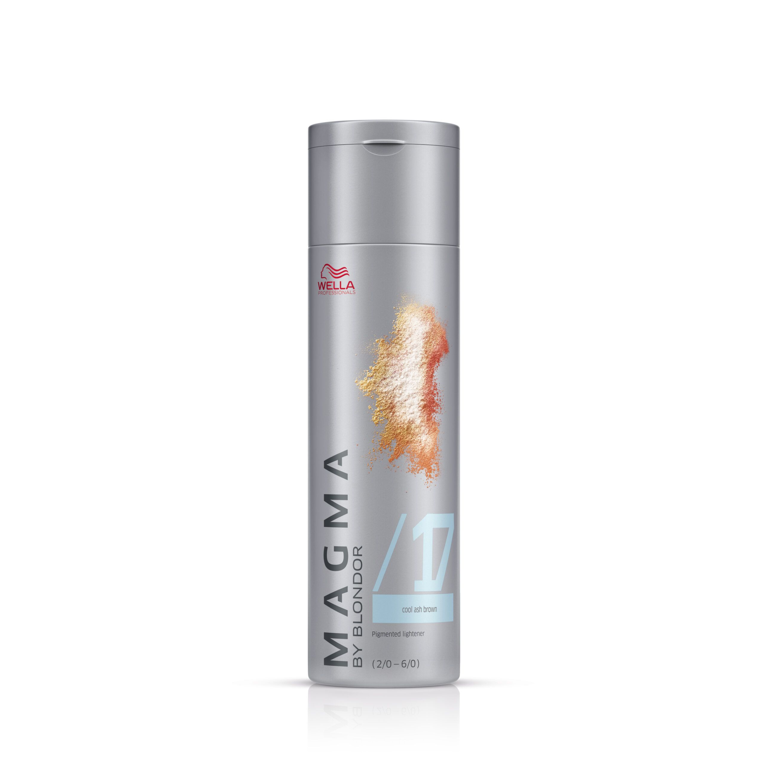 Silberne Flasche mit Wella-Logo. Aufschrift MAGMA BY BLONDOR /17 Cool Asch Braun. Farbige Darstellung.