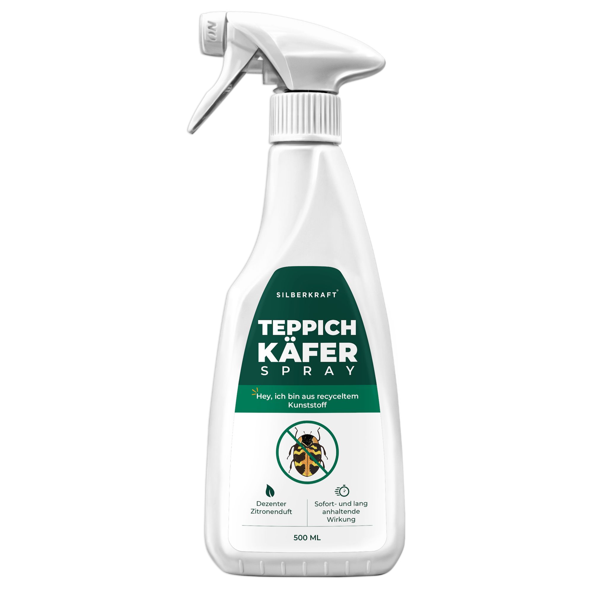 Flasche SILBERKRAFT Teppichkäfer Spray 500 ml mit Zitronenduft und Sofortwirkung.