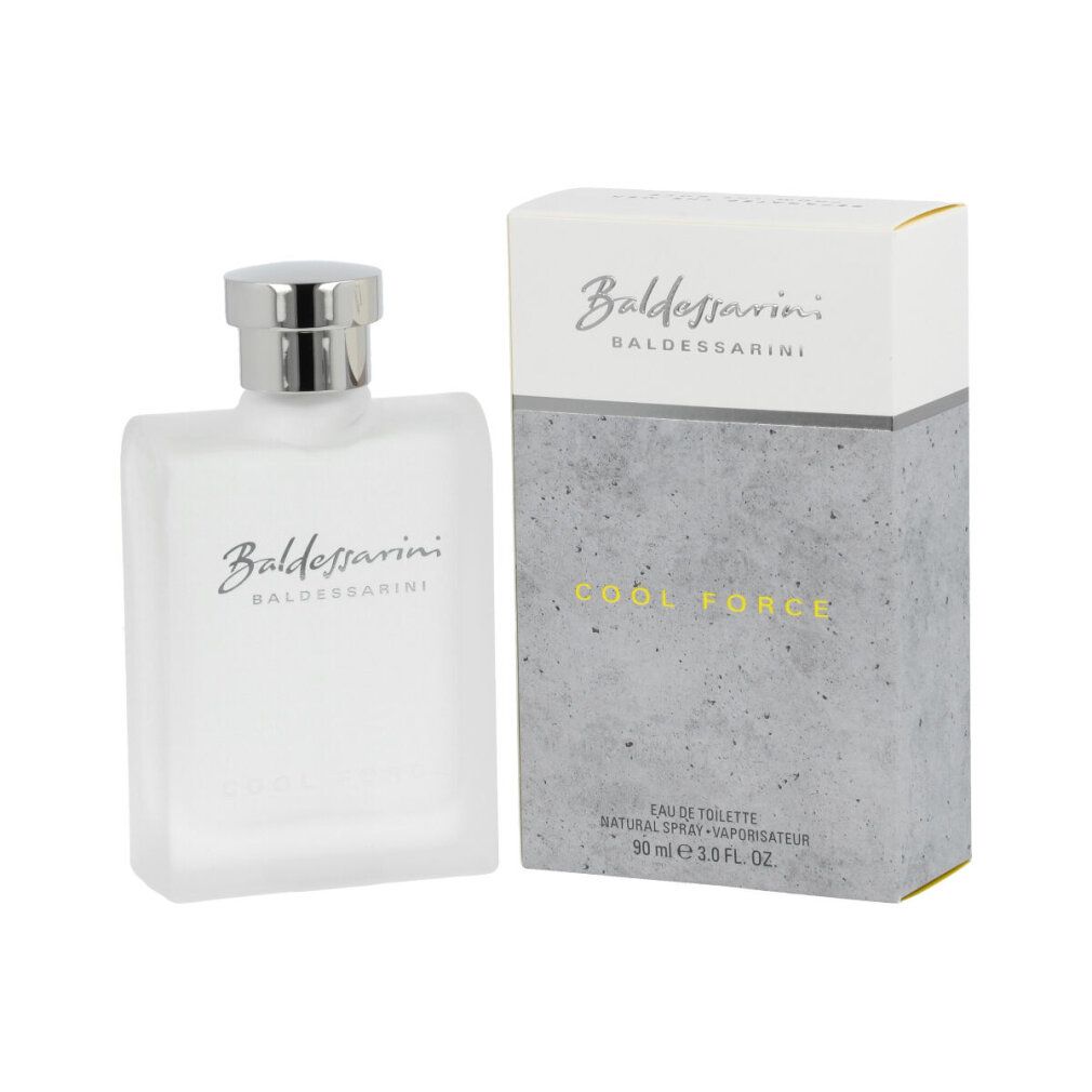 Baldessarini Cool Force Edt Spray Flakon und Verpackung. Weißes Flakon, silberner Verschluss, graue Verpackung.