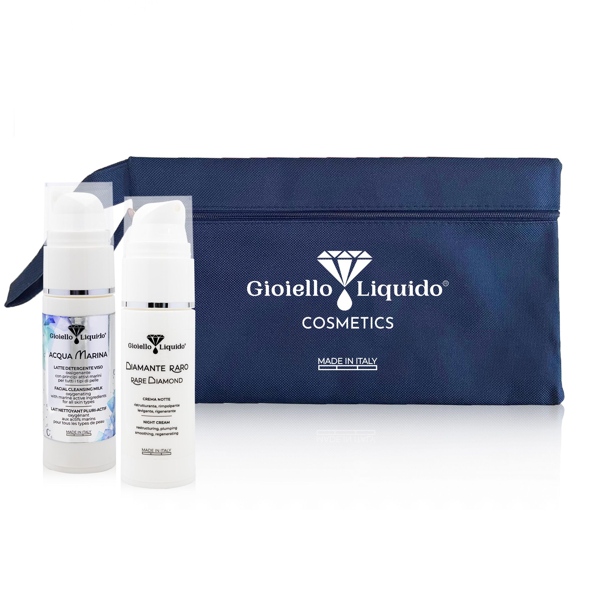 Dunkelblaue Kosmetiktasche mit zwei weißen Cremes. Auf der Tasche steht "Gioiello Liquido Cosmetics". Auf den Cremes steht "Acqua Marina" und "Diamante Raro".