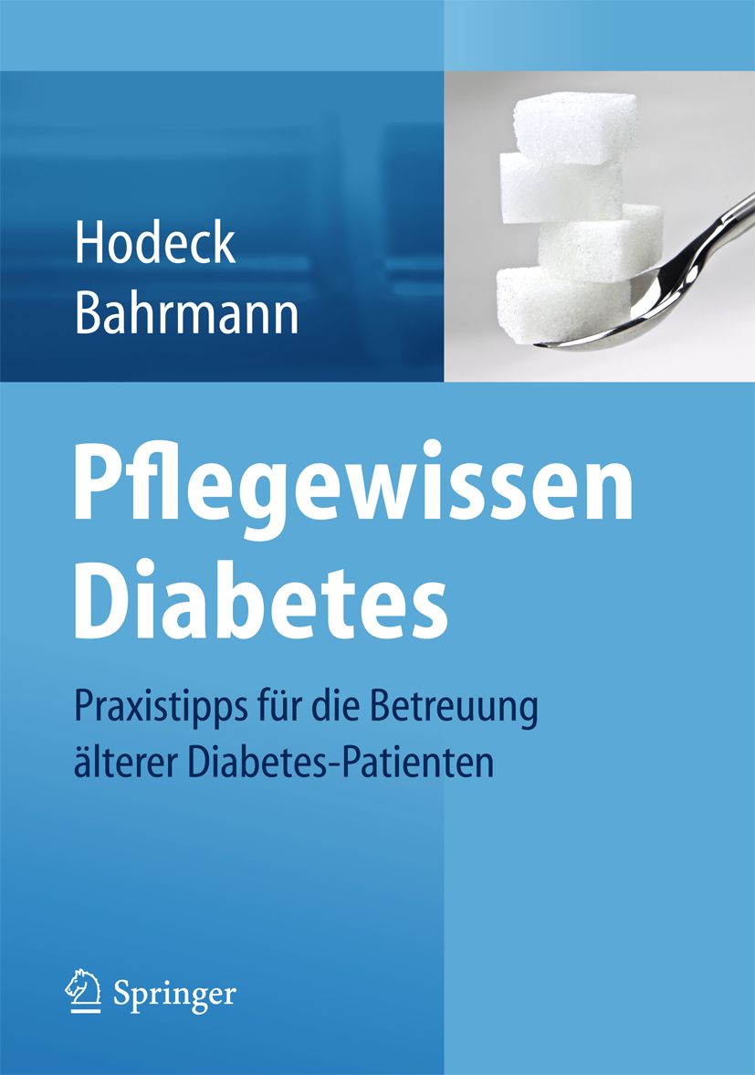 Buchcover mit Titel "Pflegewissen Diabetes". Autoren: Hodeck, Bahrmann. Springer-Logo. Zuckerwürfel auf Löffel.