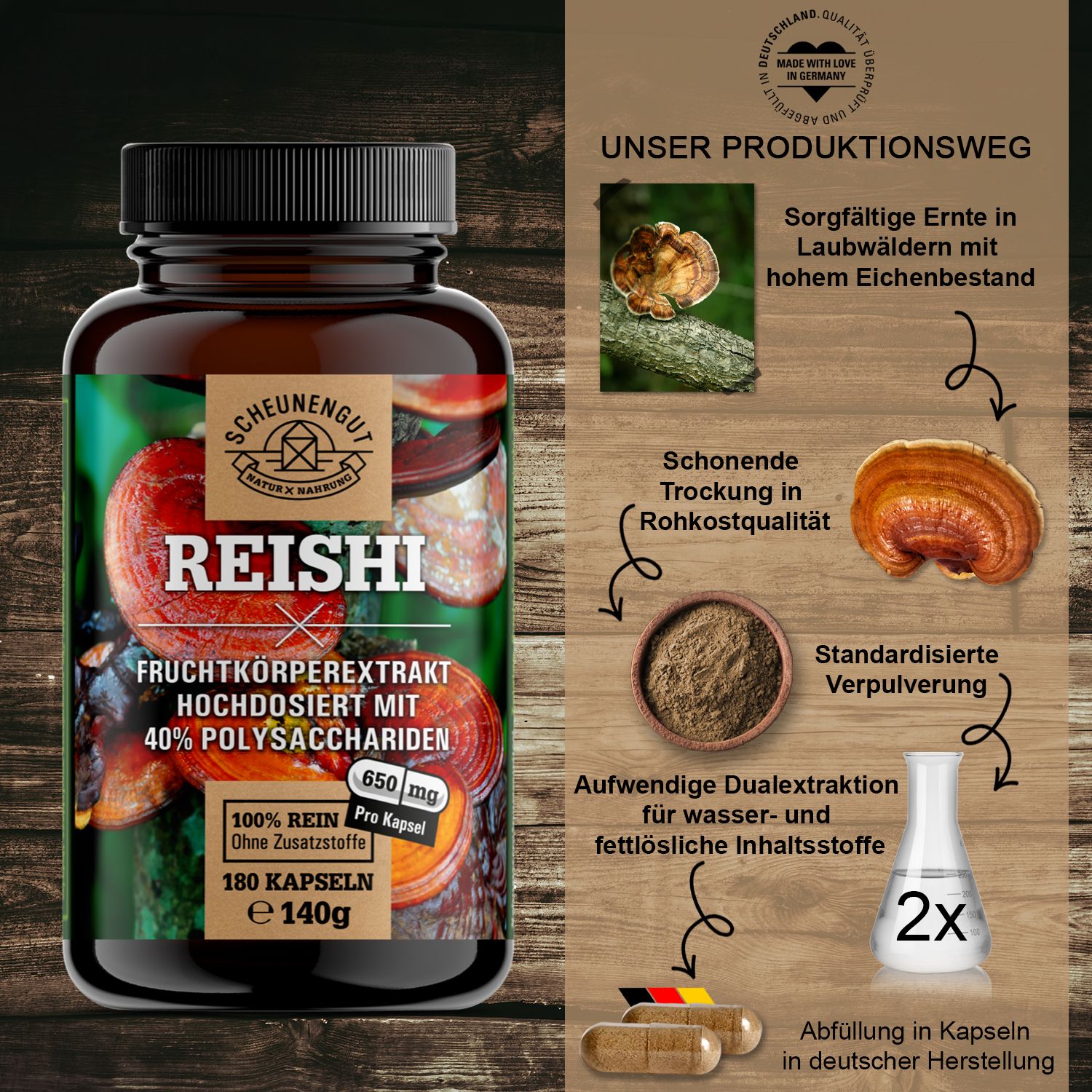 Scheunengut® Reishi Extrakt | hochdosierter 20:1 mit 40% Polysaccharide 180 St Kapseln