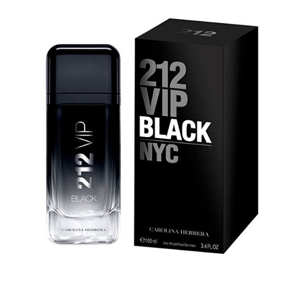 Carolina Herrera 212 VIP Black Herrenparfum Flakon und Verpackung, 100ml.