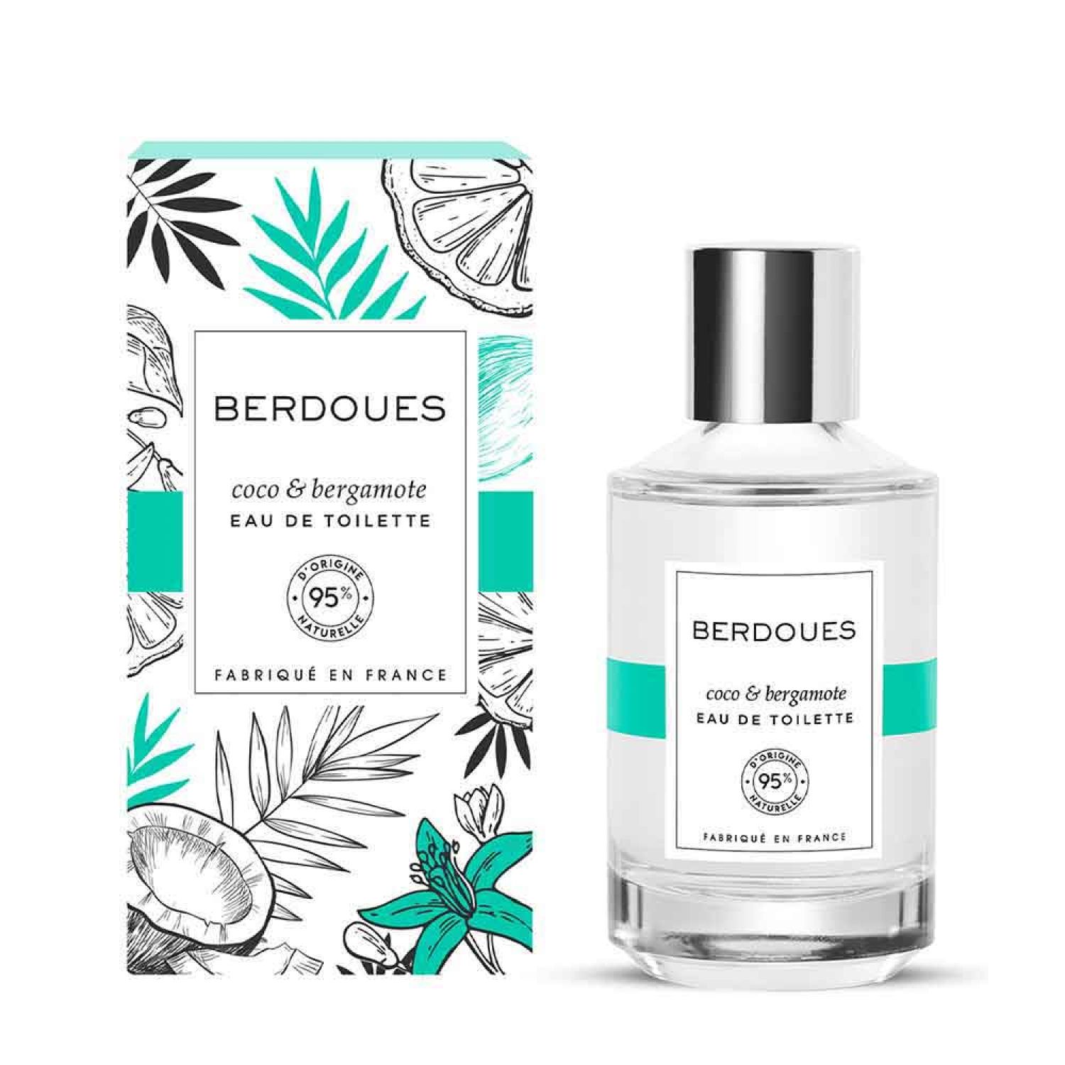 Flakon und Schachtel mit Aufdruck. Aufschrift: BERDOUES, coco & bergamote, Eau de Toilette. 95% naturelle. Hergestellt in Frankreich.