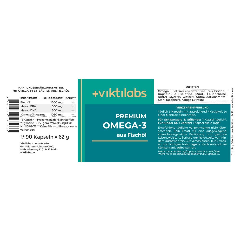Etikett einer Flasche Viktilabs Premium Omega-3 Fischöl Kapseln mit Nährwertangaben und Anwendungshinweisen.