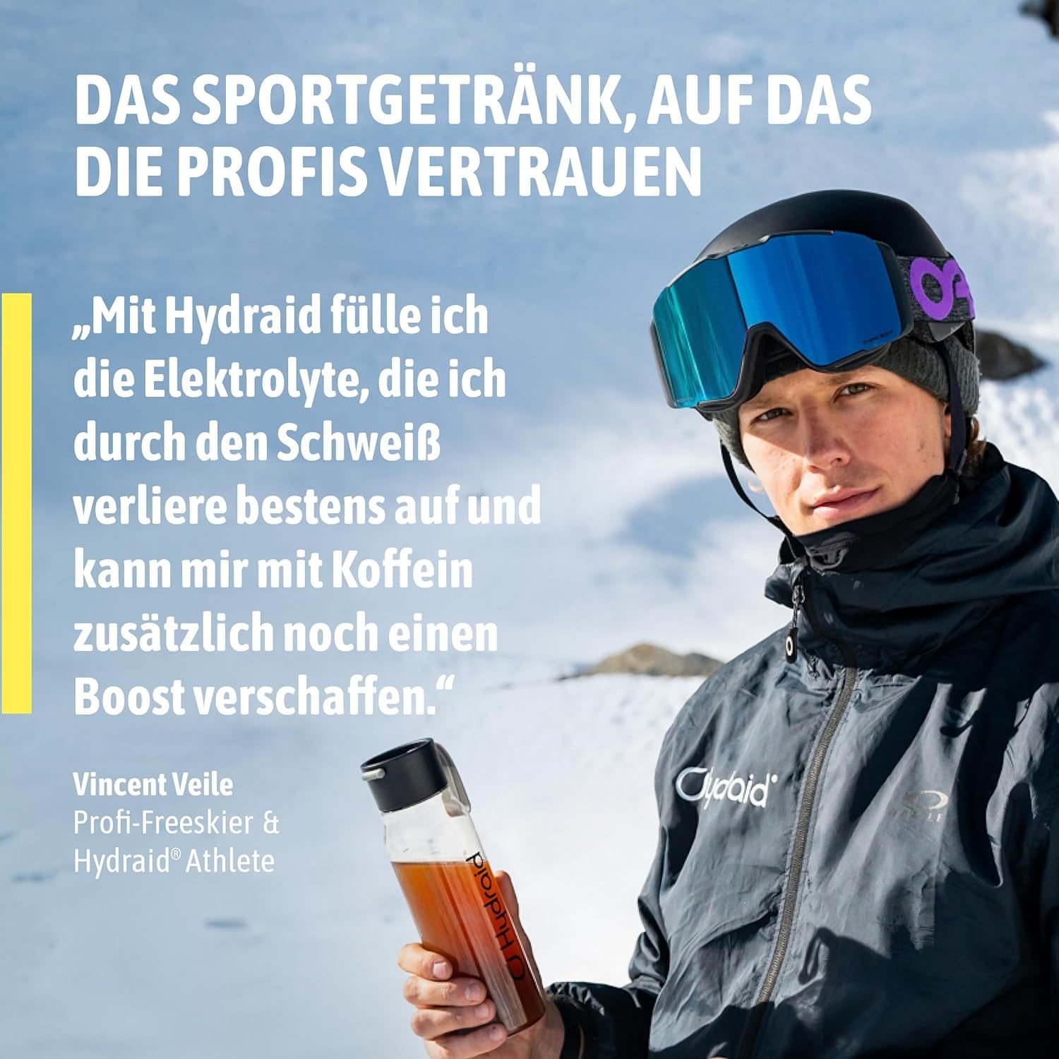 Mann mit Skibrille und Hydraid-Flasche. Text: Hydraid-Athlet. Zitat: Elektrolyte durch Schweiß ersetzen, Koffein-Boost.