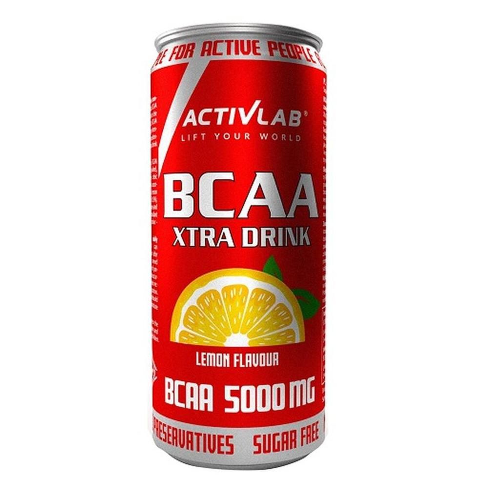 Rote Getränkedose mit Aufschrift BCAA Xtra Drink. Zitrone-Geschmack. Enthält 5000 mg BCAA. Ohne Zucker und Konservierungsstoffe.