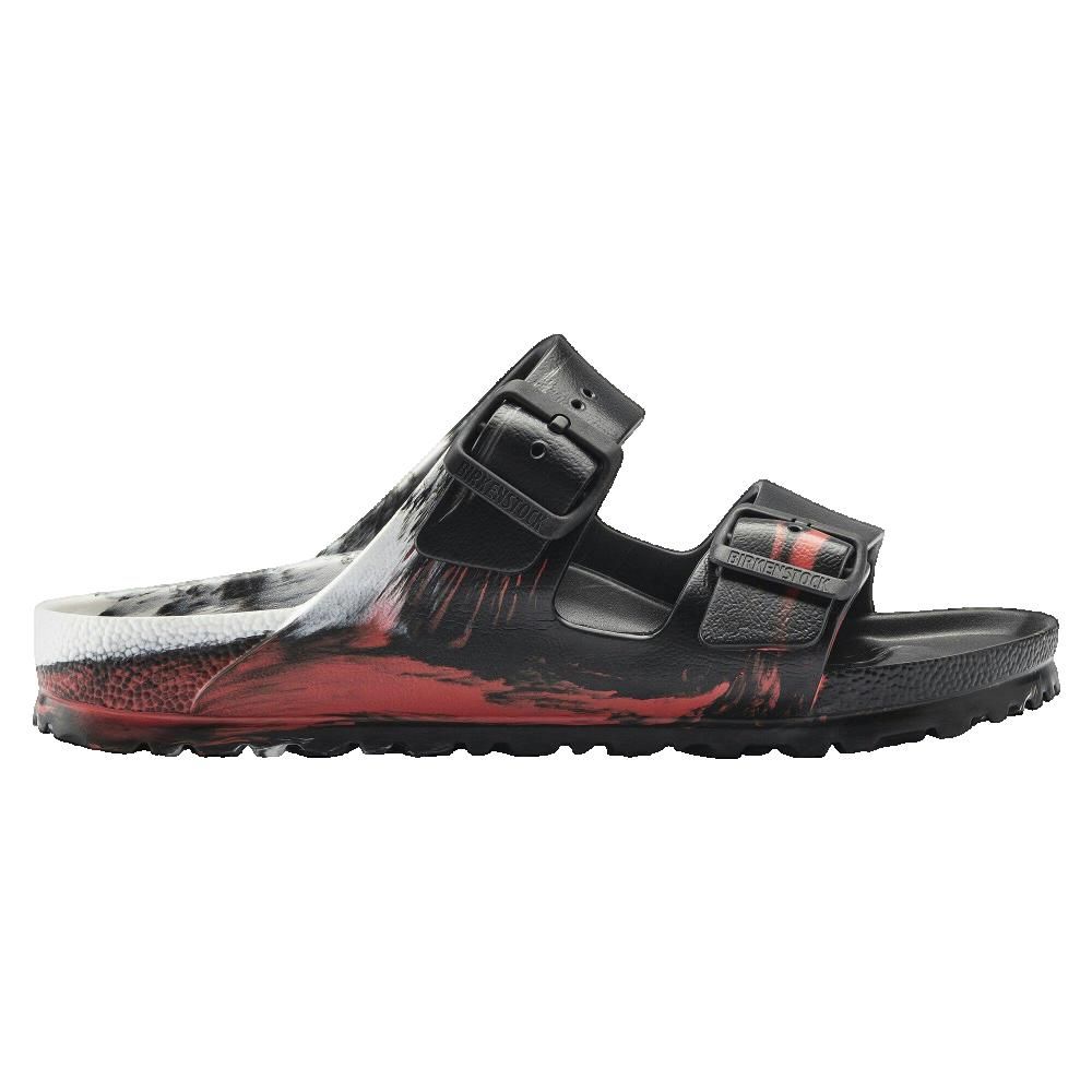 Sandali neri con dettagli rossi, due fibbie. Suola con motivo colorato. Birkenstock.