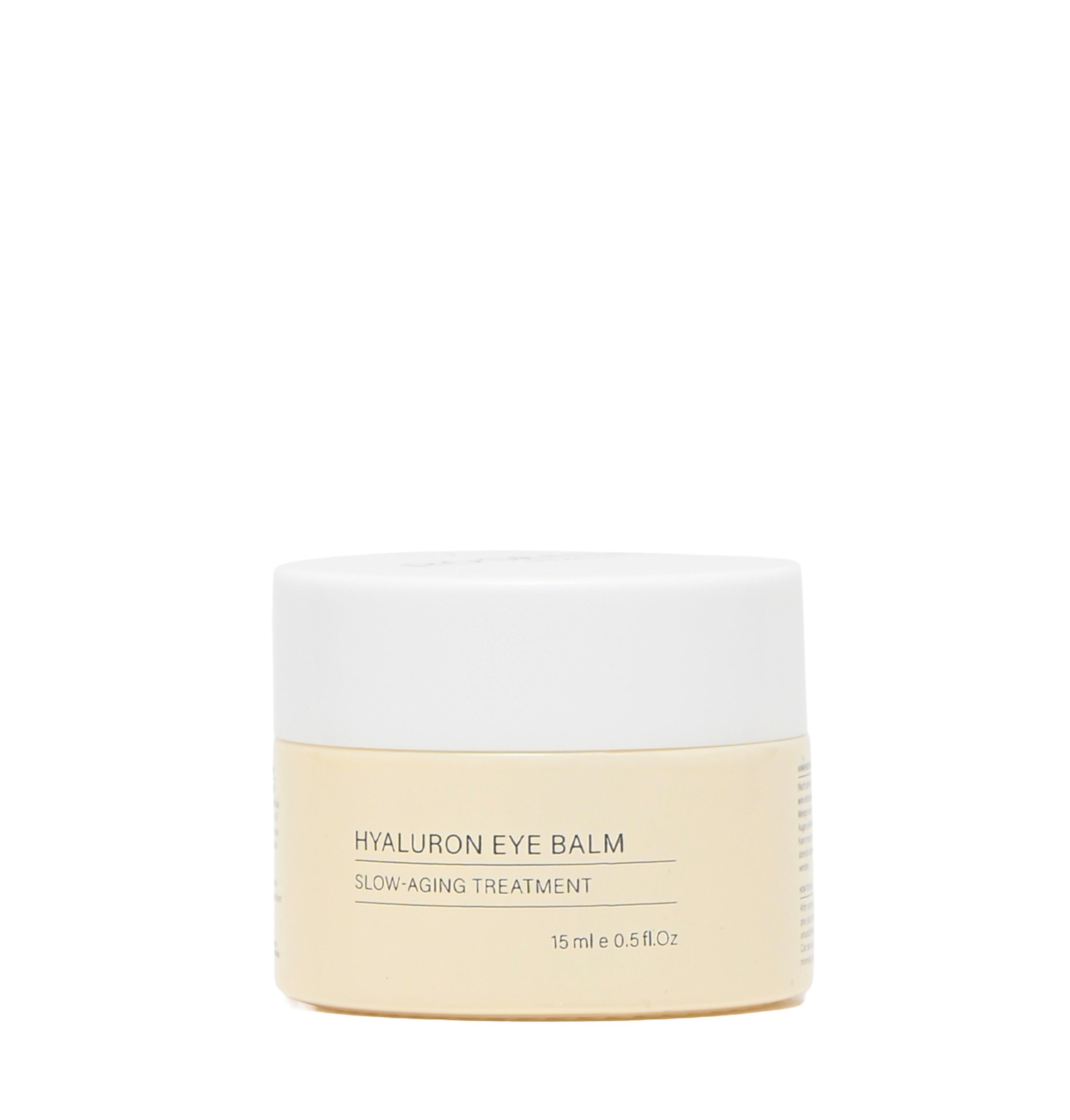 Produktverpackung: Tiegel Hyaluron Eye Balm. Weißer Deckel, beiger Tiegel. Text: 15 ml, Slow-Aging Treatment.