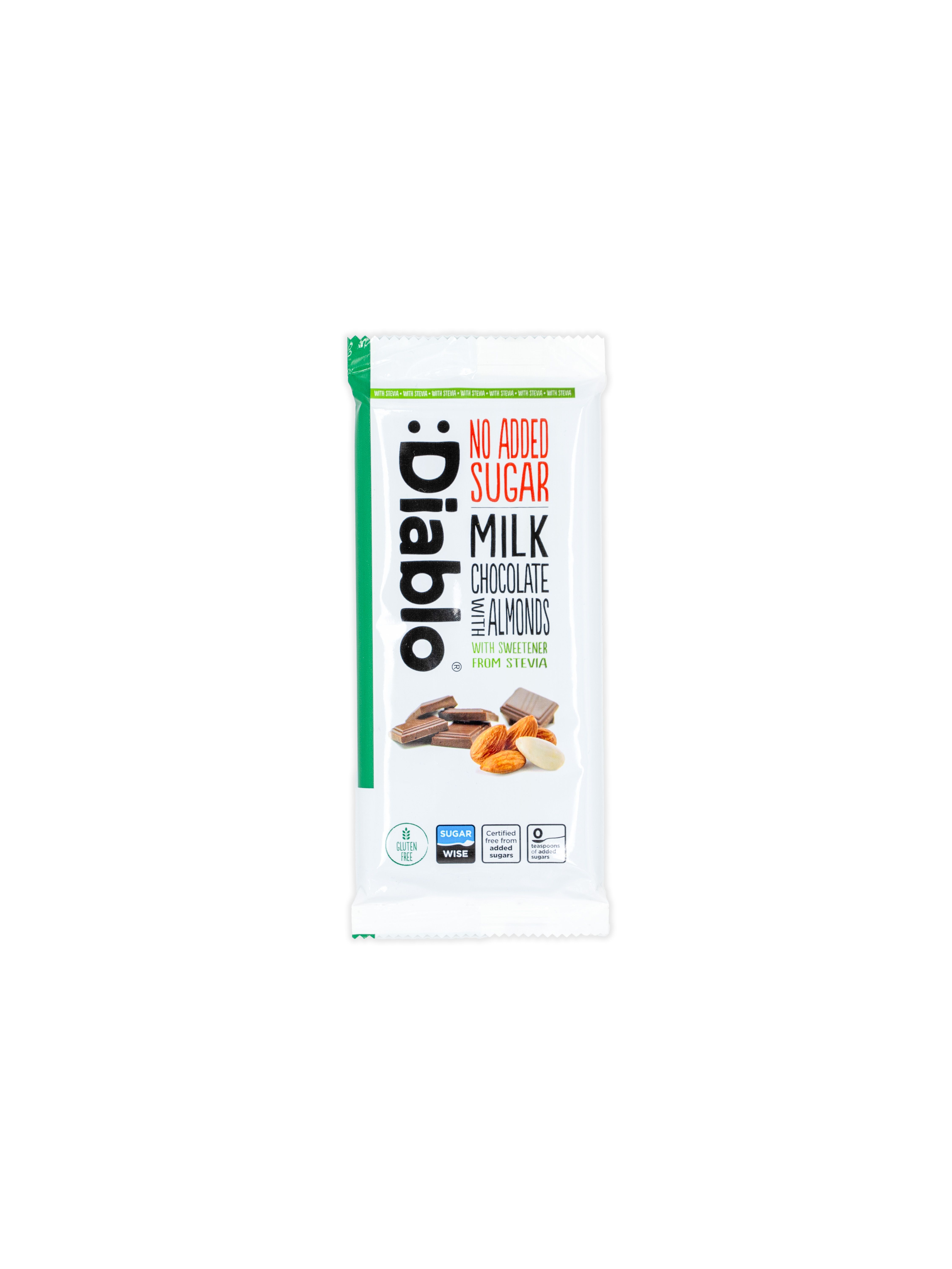 Verpackung von Diablo Schokolade. Aufschrift: No Added Sugar, Milk Chocolate with Almonds. Mit Stevia. Abbildung von Schokoladenstücken und Mandeln.