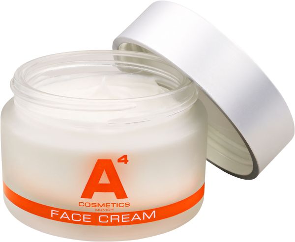 Geöffneter Creme-Tiegel mit weißem Deckel. Aufschrift: A4 Cosmetics, Face Cream. Creme sichtbar.