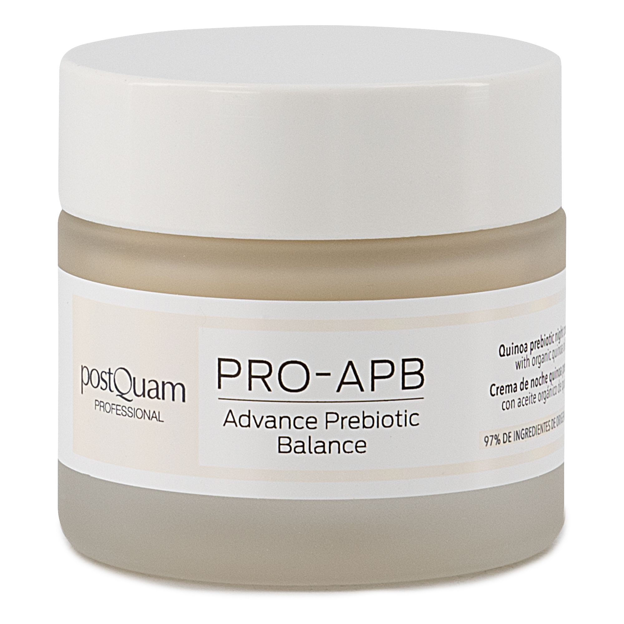Creme-Tiegel mit weißem Deckel. Aufschrift: Postquam, PRO-APB, Advance Prebiotic Balance. Text: Quinoa Prebiotic Nachtcreme. 97% Inhaltsstoffe.