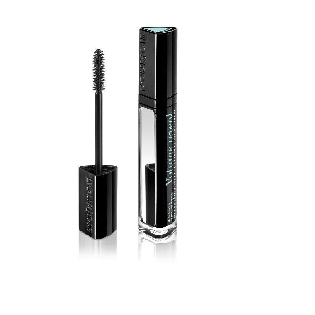 Schwarze Mascara-Tube mit Bürste. Text: Bourjois, Volume Reveal, Waterproof.
