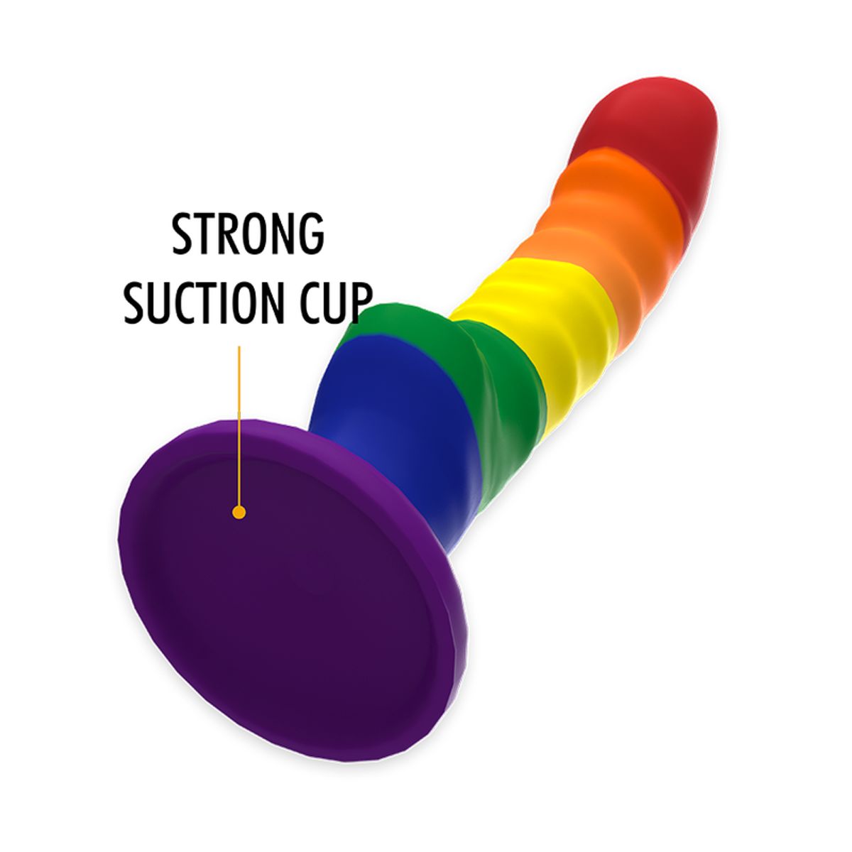 Regenbogen-Dildo mit Saugnapf. Text: STRONG SUCTION CUP.