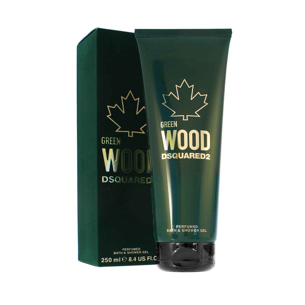 Grünes Dsquared2 Green Wood Duschgel mit Verpackung. Goldener Ahornblatt-Logo. Text: Green Wood, Dsquared2, 250 ml.