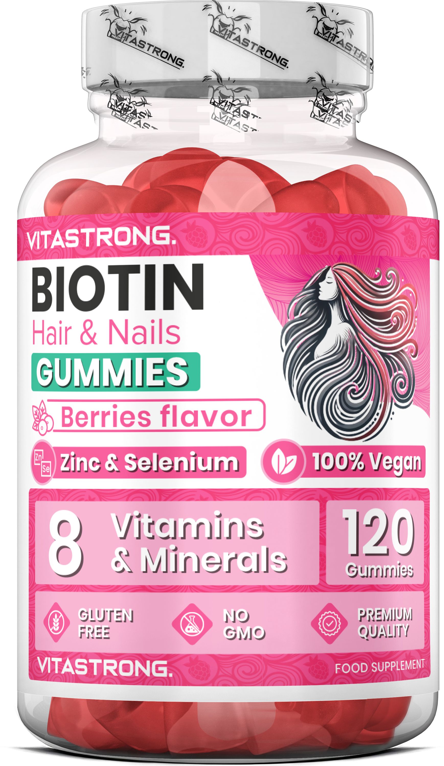 Vitastrong Biotin Gummies - Frutti Rossi, 120 gommose, capelli e unghie forti