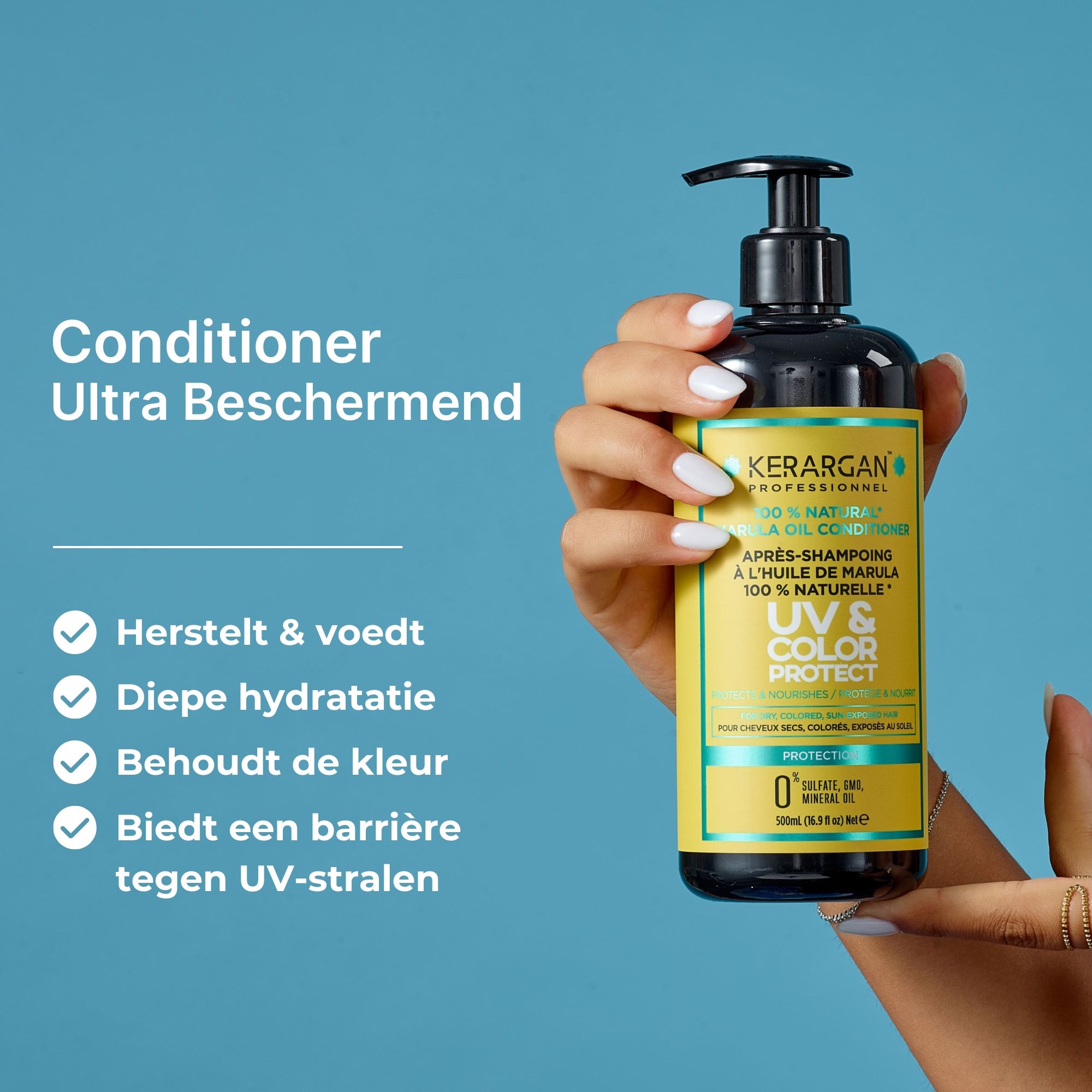 Kerargan UV & Color Protect in hand. Zwarte fles met pomp, geel etiket. Voordelen: UV-bescherming, kleur.