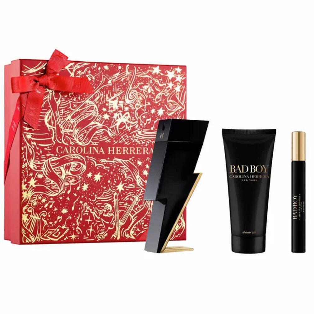 Geschenkset mit roter Schachtel, Schleife, Blitz-Parfümflakon, Duschgel und Roll-on-Parfüm. Carolina Herrera-Logo sichtbar.