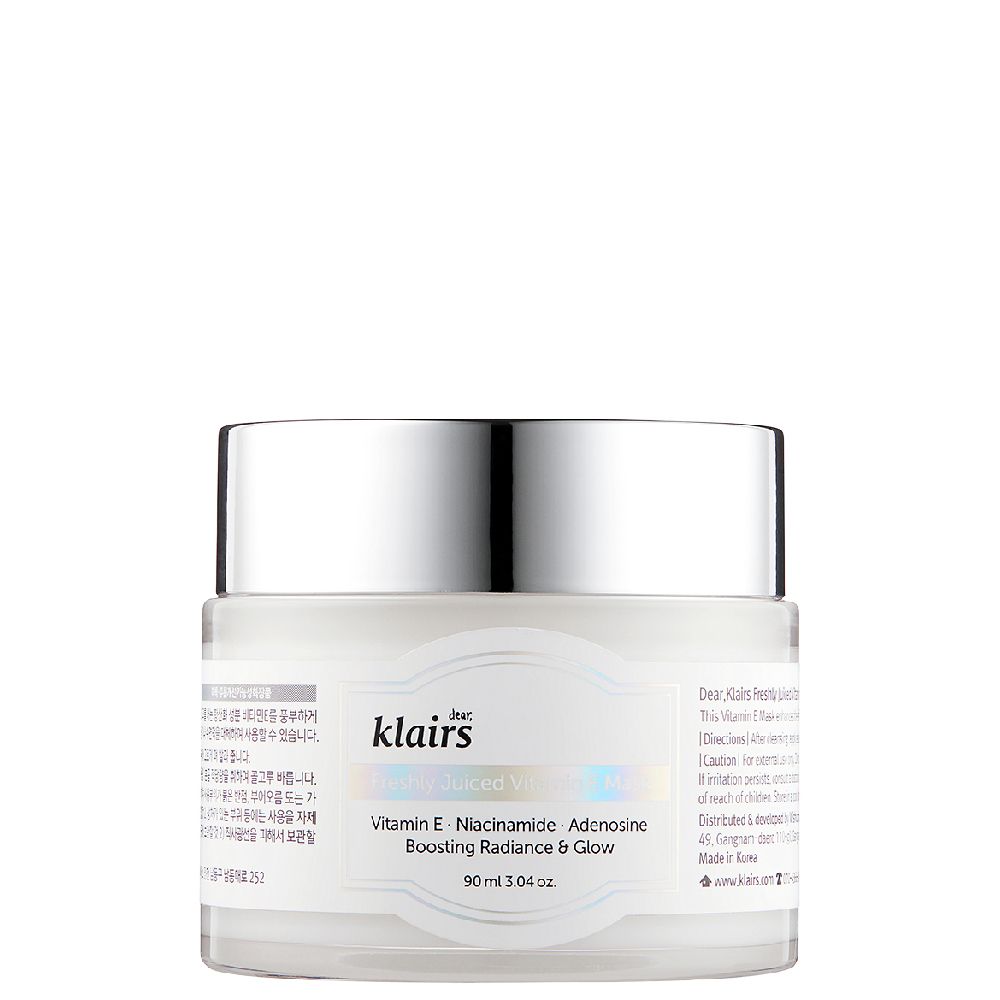 Creme-Tiegel mit silbernem Deckel. Aufschrift: Freshly Juiced Vitamin E Mask.