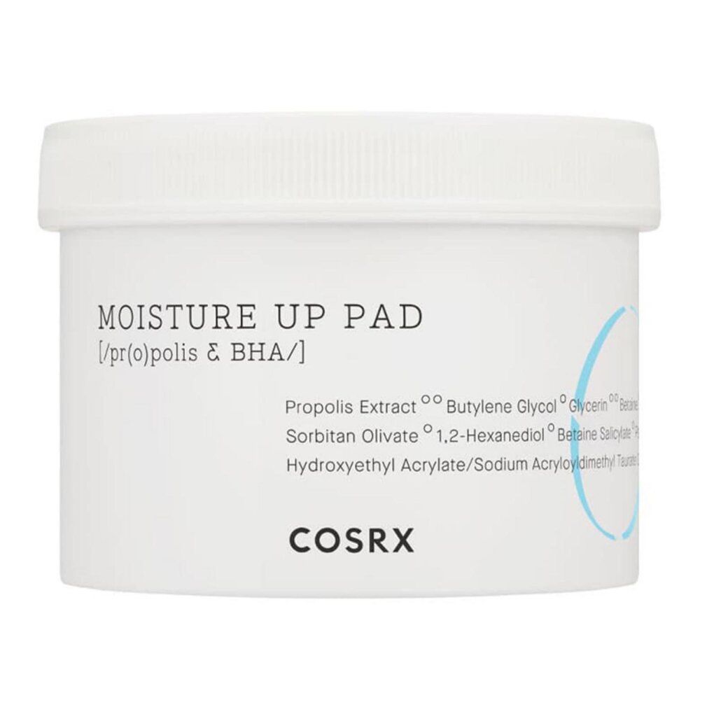 Weiße Dose mit 'Moisture Up Pad' und Inhaltsstoffen. COSRX.