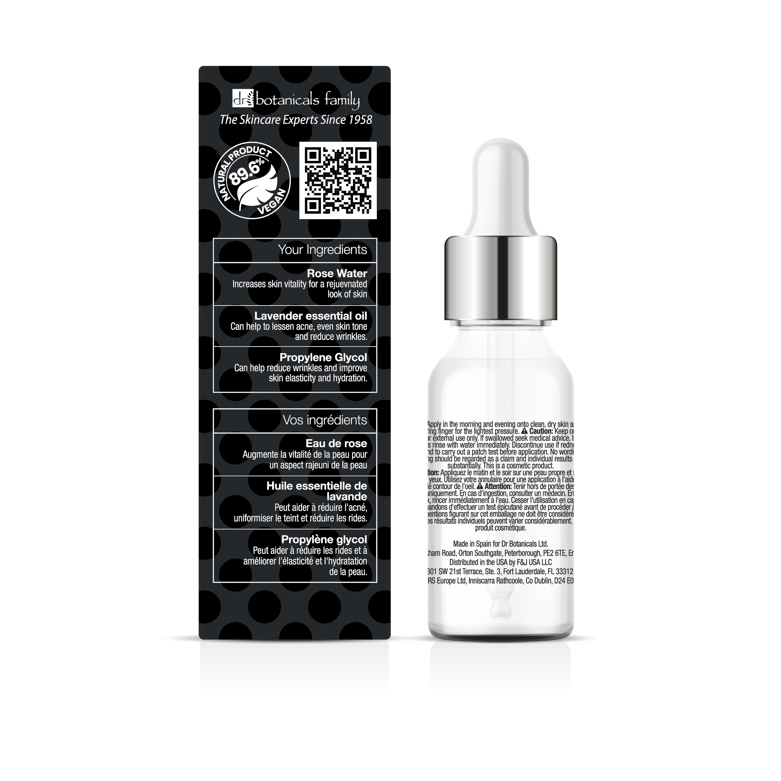 Rückseite der Produktverpackung. Text: Inhaltsstoffe, Inhaltsstoffe, Inhaltsstoffe. Schwarzer Hintergrund mit weißen Punkten.