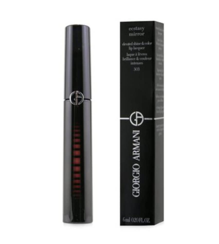 Schwarze Giorgio Armani Lipgloss-Tube und -Verpackung. Aufschrift: Ecstasy Mirror, Vertigo 503. 6ml.