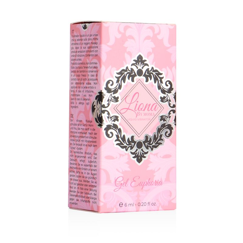 Rosa Schachtel. Aufschrift: Liona by Moma, Gel Euphoria. Text in Deutsch, Englisch, Französisch. Floral Muster.