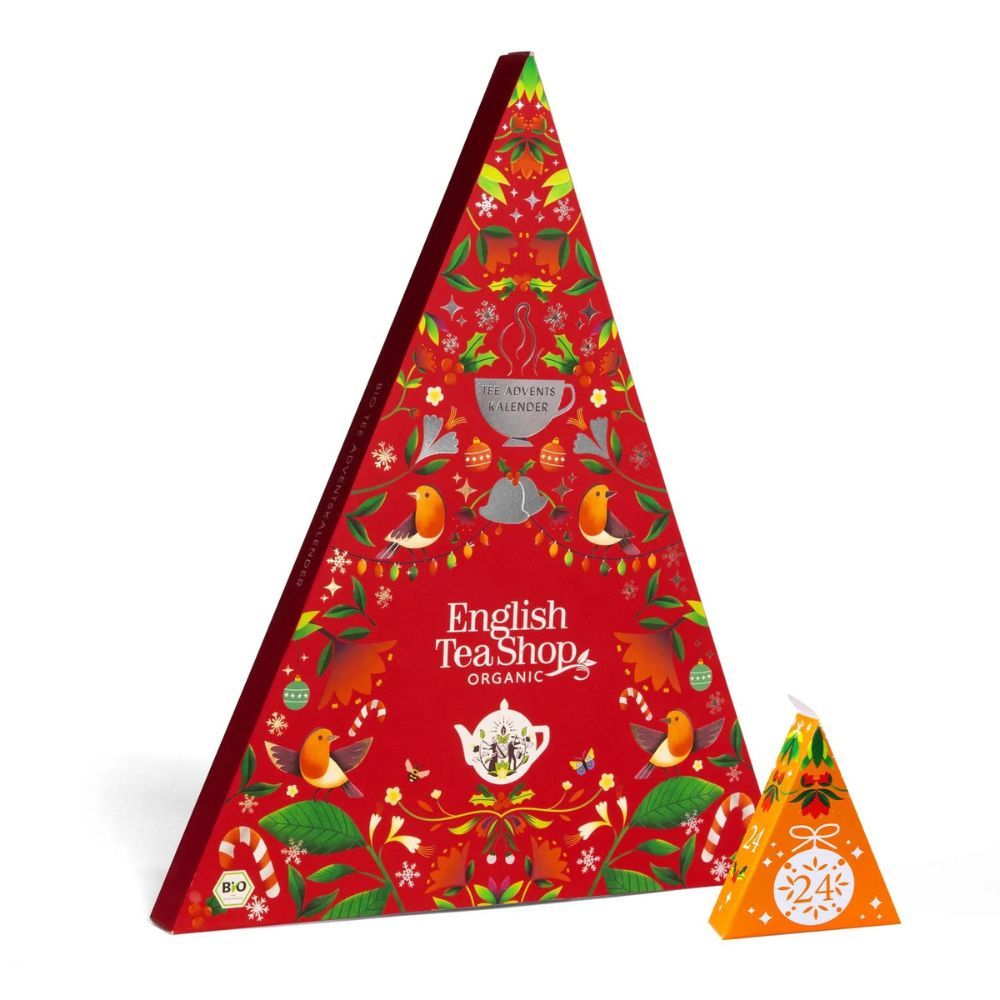 Roter Adventskalender in Dreiecksform mit 25 Pyramidenbeuteln. Kleiner Beutel daneben. English Tea Shop Logo.
