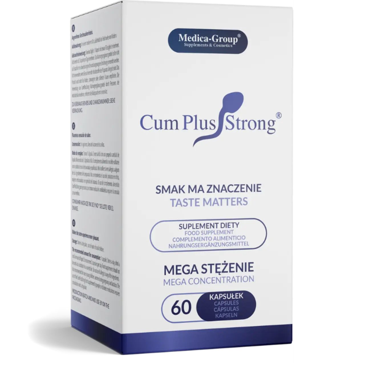 Weiße Schachtel mit Produktaufdruck. Aufschrift: Cum Plus Strong, 60 Kapseln. Marke: Medica-Group.