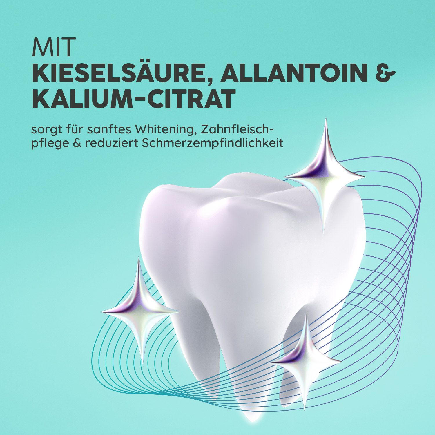Zahnmodell mit Sternen. Text: Kieselsäure, Allantoin & Kalium-Citrat. Sorgt für sanftes Whitening, Zahnfleischpflege.