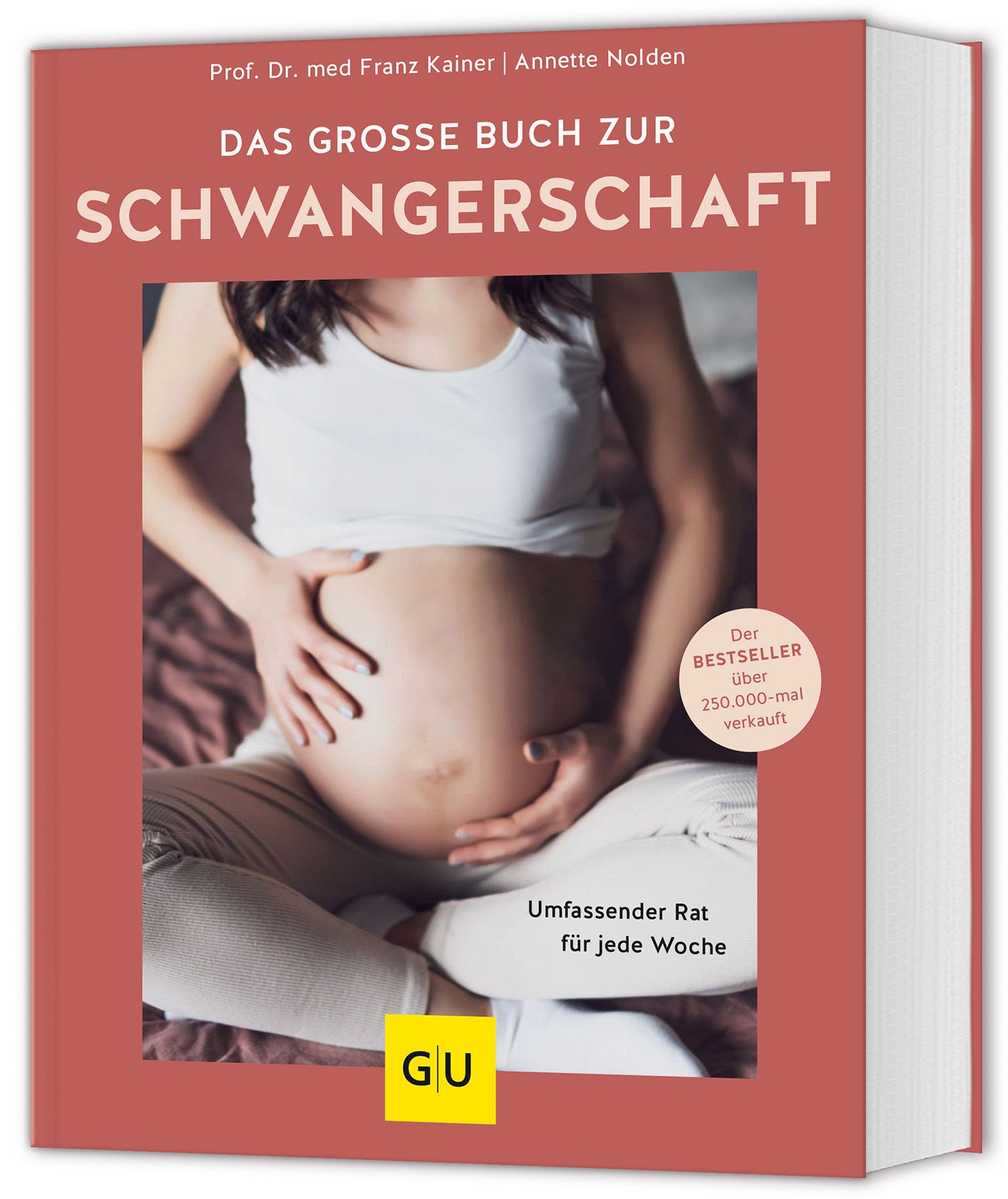 Buchcover: „Das große Buch zur Schwangerschaft“. Frau hält Bauch. Titel, Autoren, „Bestseller“ Aufkleber, GU-Logo.