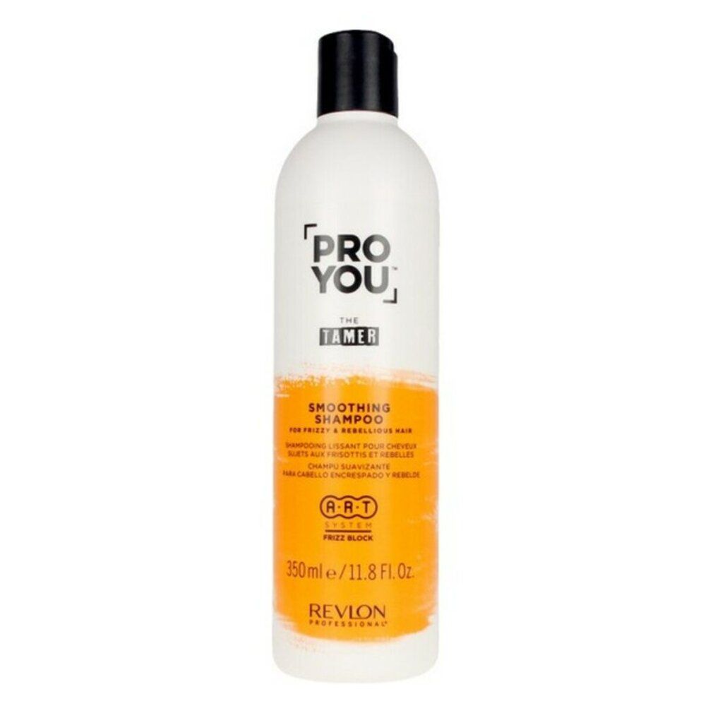 Weiße Flasche mit schwarzem Deckel. Aufschrift: PRO YOU THE TAMER, Smoothing Shampoo. Marke: Revlon. Orangefarbener Streifen.