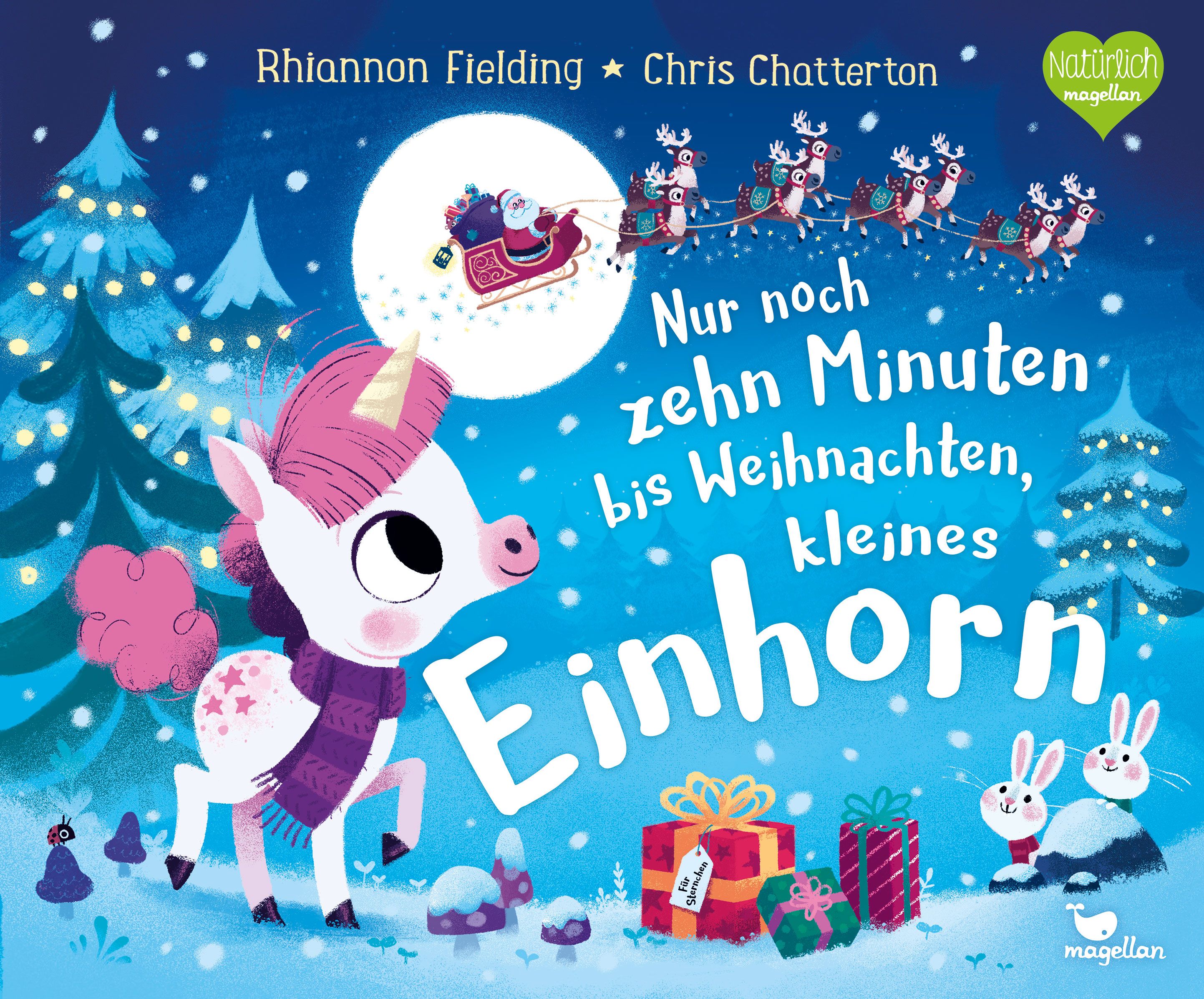 Buchcover mit Einhorn-Illustration. Titel: Nur noch zehn Minuten bis Weihnachten, kleines Einhorn. Autor: Rhiannon Fielding, Chris Chatterton.