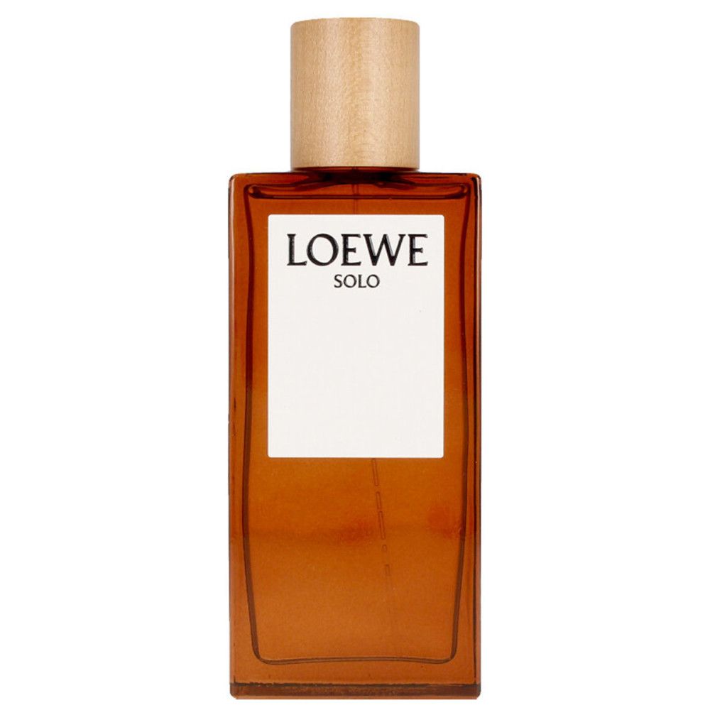 Loewe Solo Pour Homme Edt Spray Flakon. Rechteckiger Flakon mit Holzdeckel. Logo Loewe Solo.