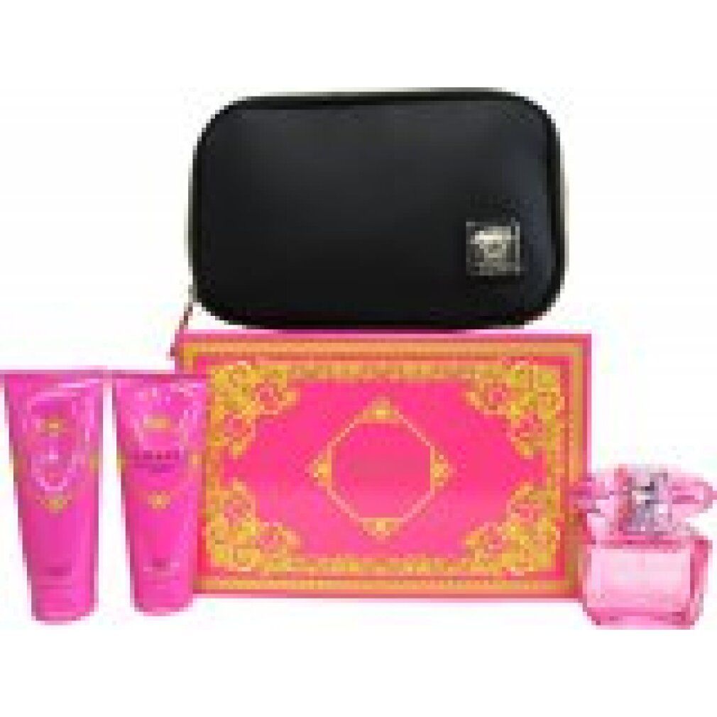 Schwarze Kosmetiktasche, rosa Flakon und Cremes. Rosa Verpackung mit goldenen Verzierungen.