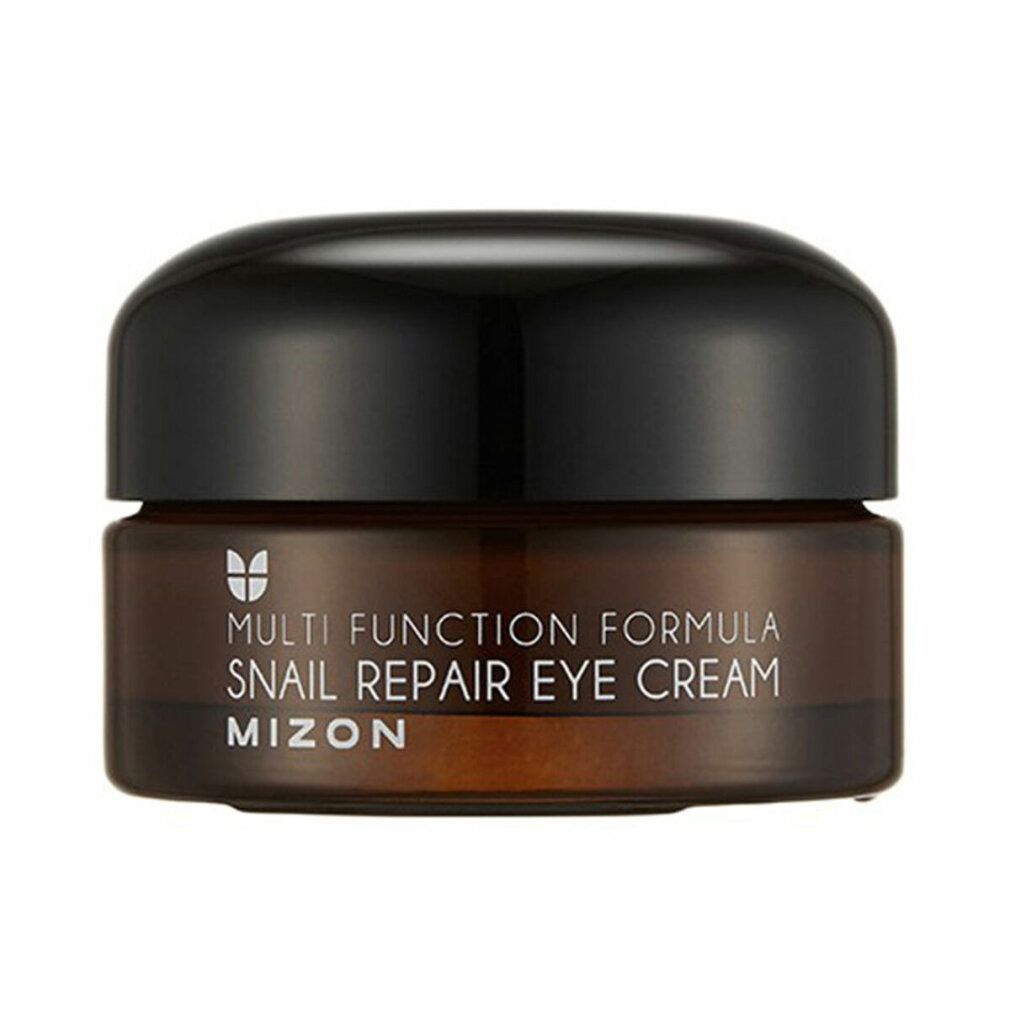 Braune Glasdose mit schwarzem Deckel. Aufschrift: Multi Function Formula Snail Repair Eye Cream MIZON.