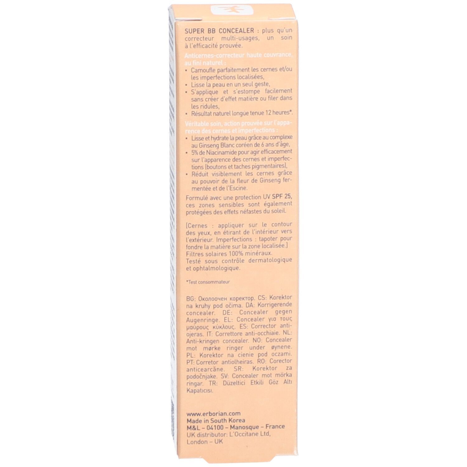 Rückseite der Verpackung mit Anwendungshinweisen und Text in mehreren Sprachen. Marke: Erborian.