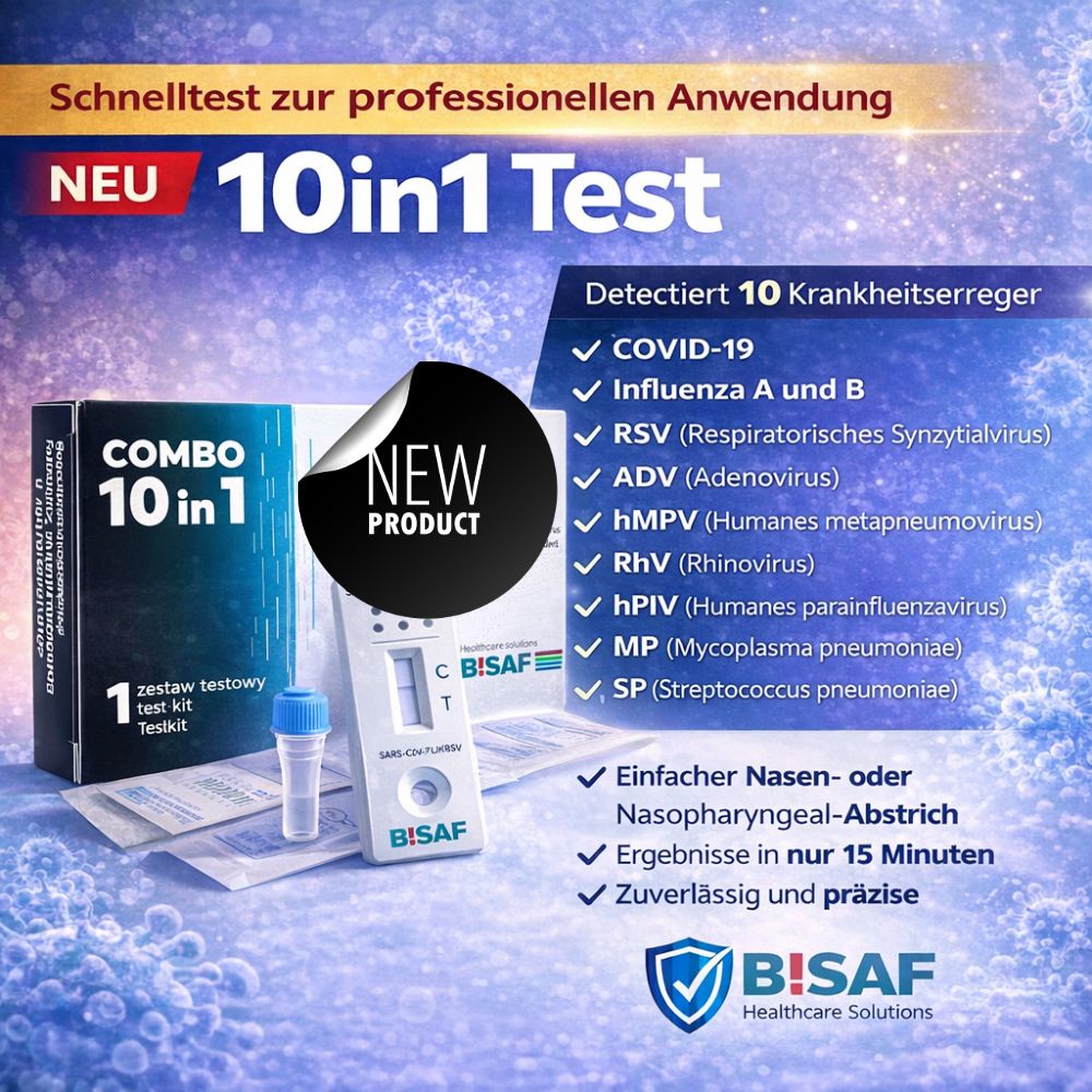 Testkit-Box mit Text: '10in1 Test'. Liste der Krankheitserreger. Aufkleber 'NEW PRODUCT'. Marke: BISAF.