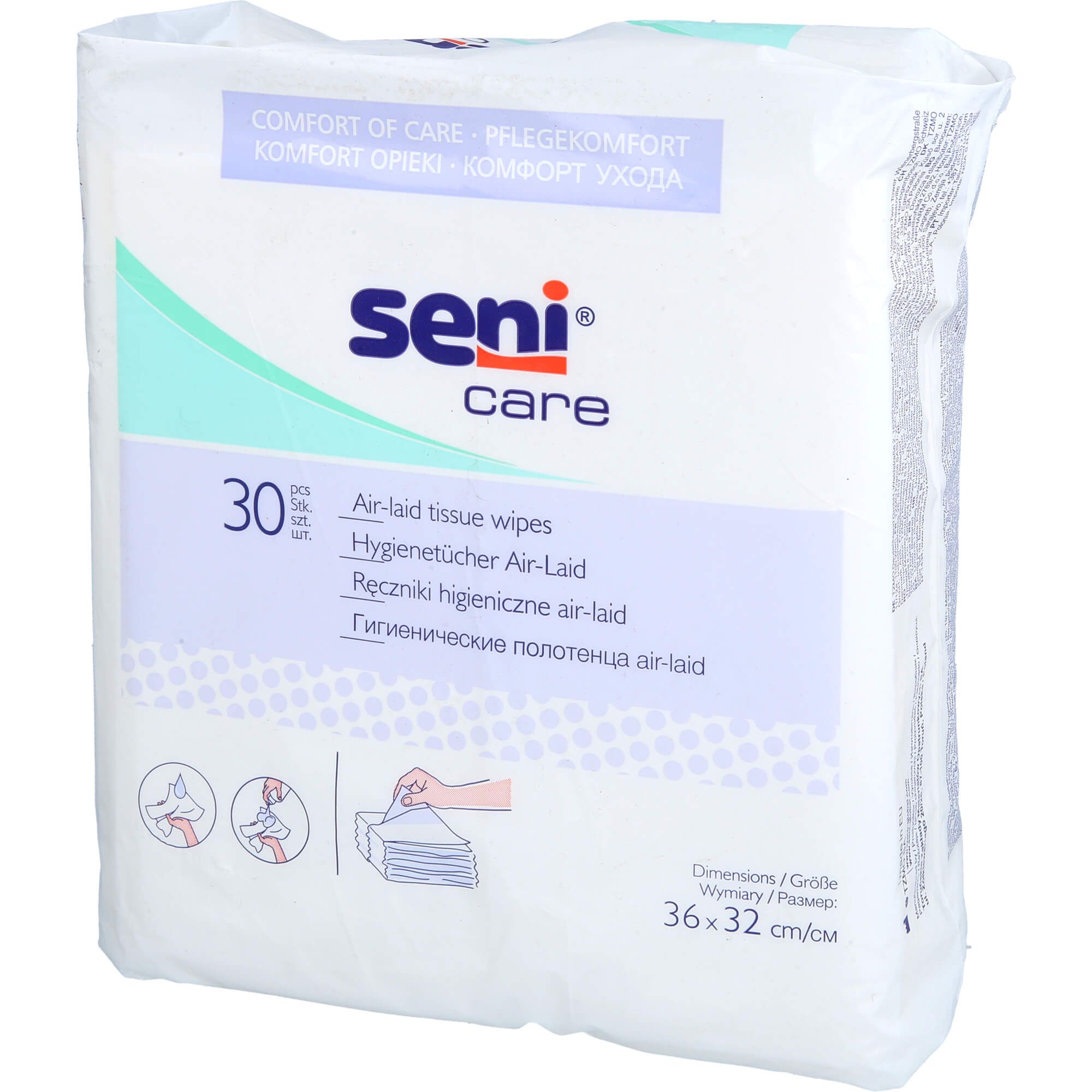 Weißes Seni Care Hygienetücher-Paket. Aufschrift: Seni Care, 30 Stück, Air-laid tissue wipes. Abmessungen: 36x32 cm.