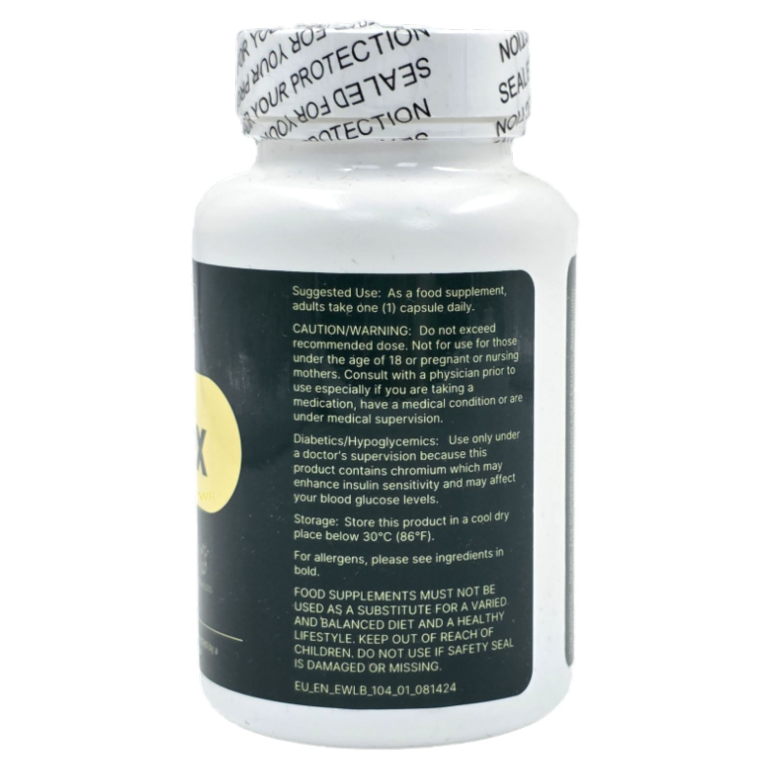 Rückseite der Fitex-Flasche. Etikett mit Anwendungshinweisen und Warnhinweisen. Siegel: Sealed for your protection.