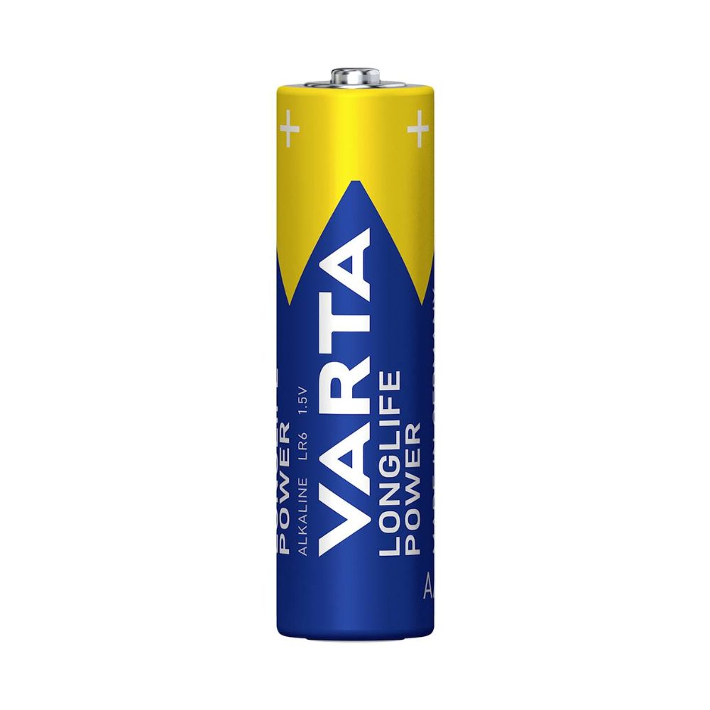 Zylindrische Batterie mit gelbem und blauem Design. Aufschrift: VARTA, LONG LIFE POWER, Alkaline LR6 1.5V.