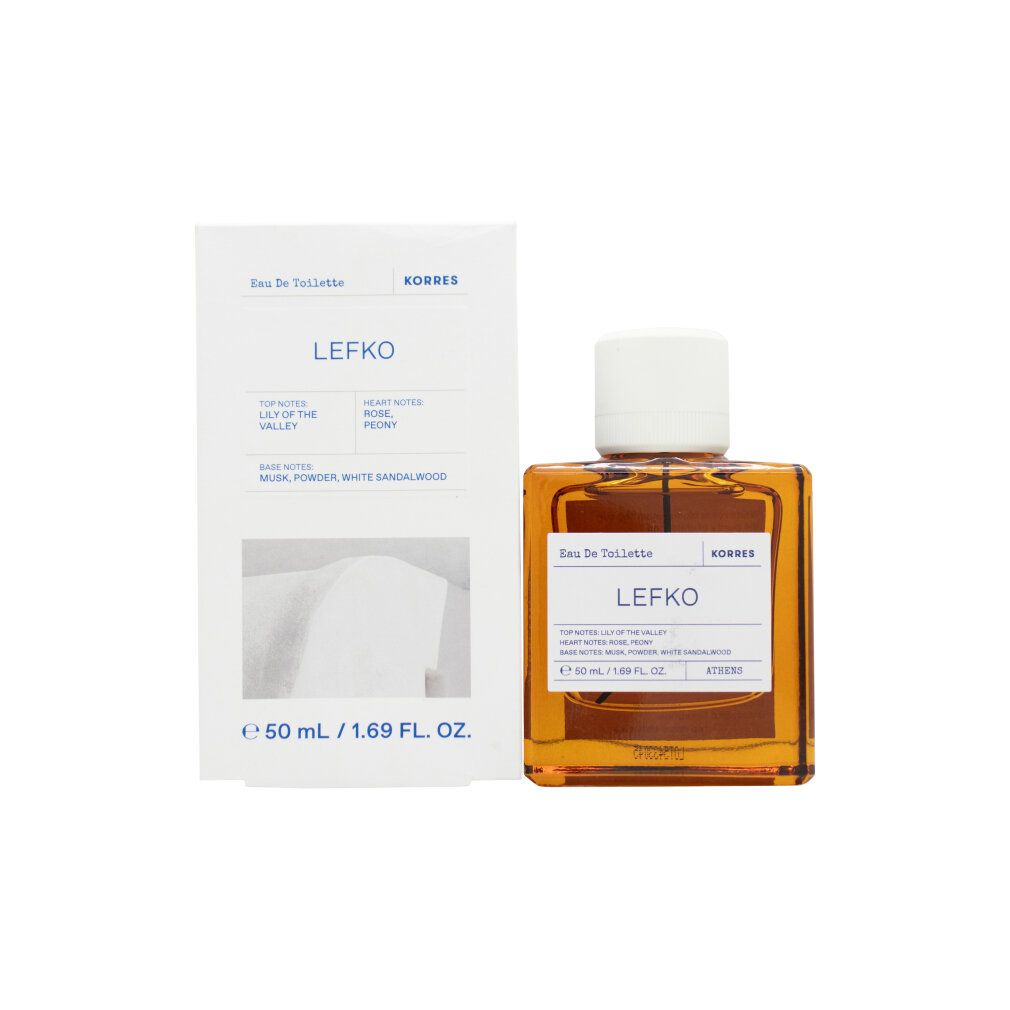 KORRES Lefko Eau de Toilette Unisex, 50ml Flakon und Verpackung. Etikett mit Duftnoten.